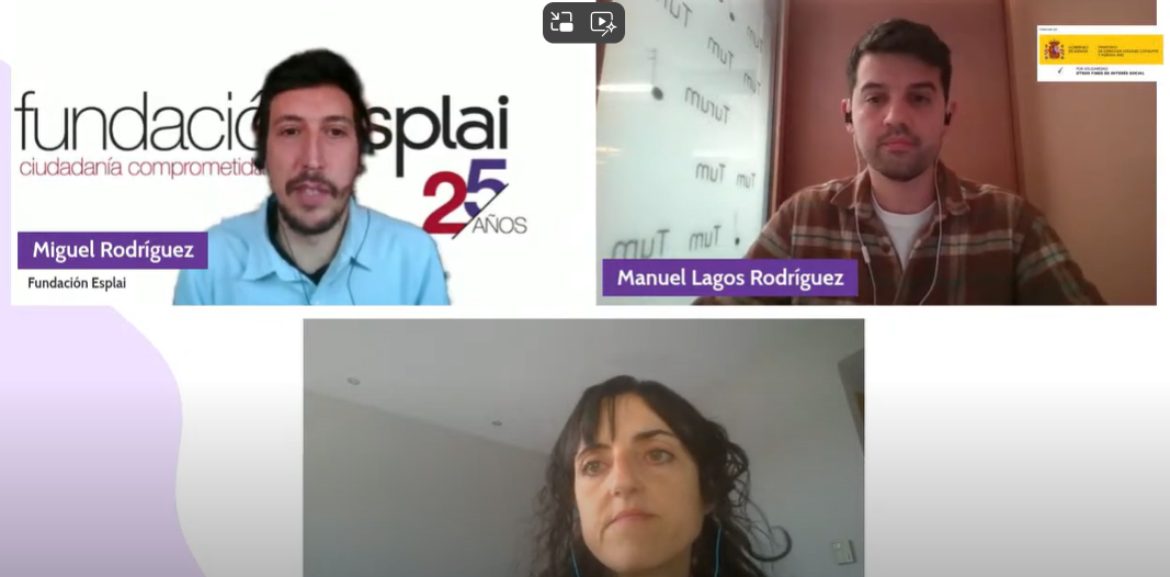 Miguel Rodríguez presentador del Webinar comparte pantalla con Thais Pousada y Manuel Lago en la presentación del Webinar